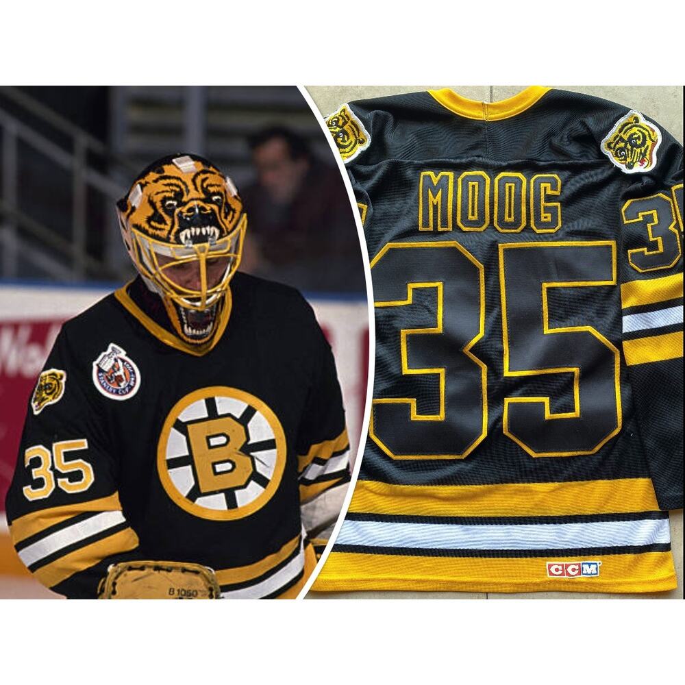 Andy MOOG #35 Boston Bruins 90s CCM Maska jersey S black away gold NHL vintage